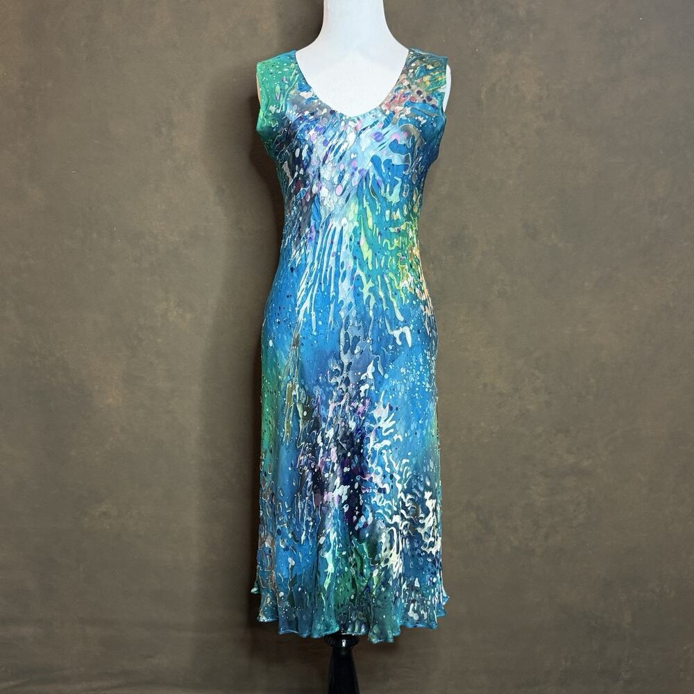 Simply Silk Teal Multicolor Abstract Slip Dress 70% Silk Size M Y2K